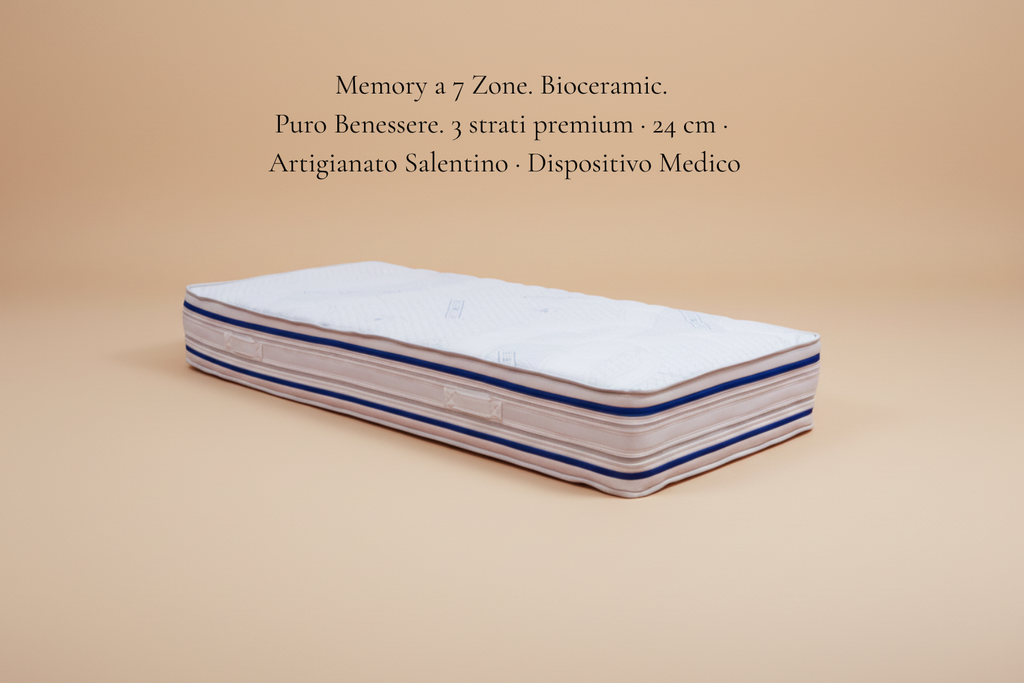 Materasso MOLLEXA  singolo Memory a 7 Zone. Bioceramic. Puro Benessere. 3 strati premium · 24 cm · Artigianato Salentino · Dispositivo Medico