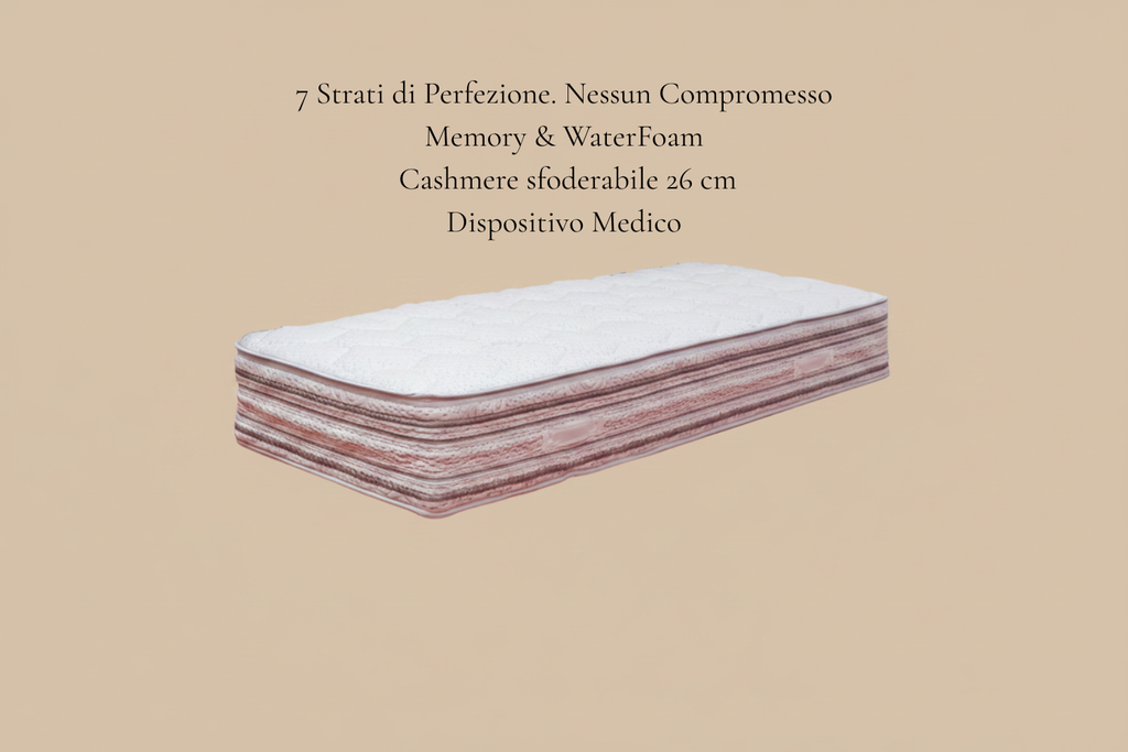 Materasso singolo STRATIX 7 Strati di Perfezione. Nessun Compromesso. Memory & WaterFoam · Cashmere sfoderabile · 26 cm · Dispositivo Medico