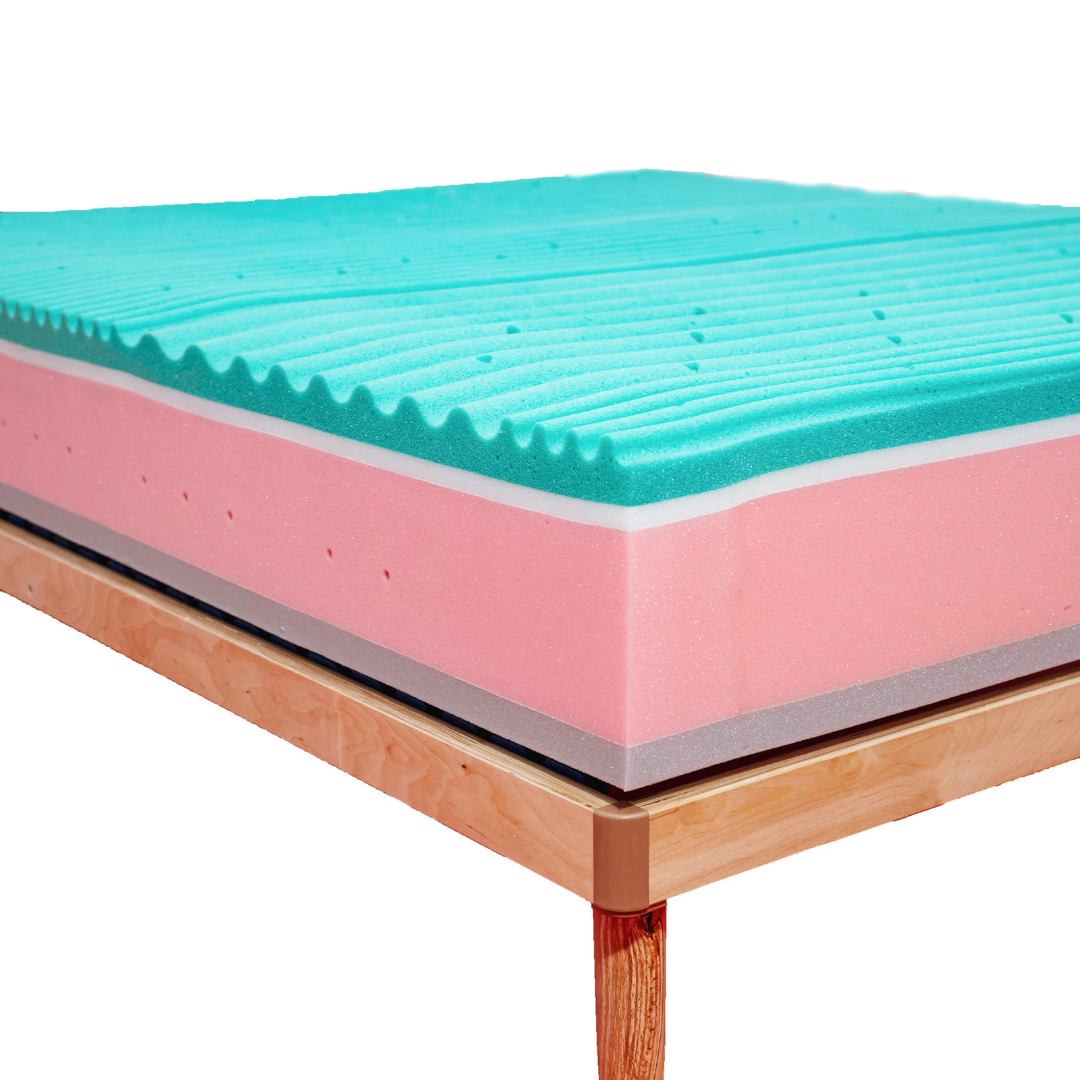 Sezione interna del Materasso Singolo MORBIX, 800 molle insacchettate indipendenti con strato Memory Aloe turchese ondulato e schiuma ad alta densità rosa, struttura premium 25 cm Made in Italy