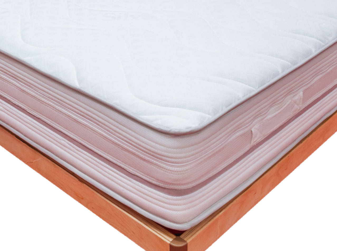 Dettaglio strati materasso DORMEO – pillow-top bianco e fasce rosa/bianche