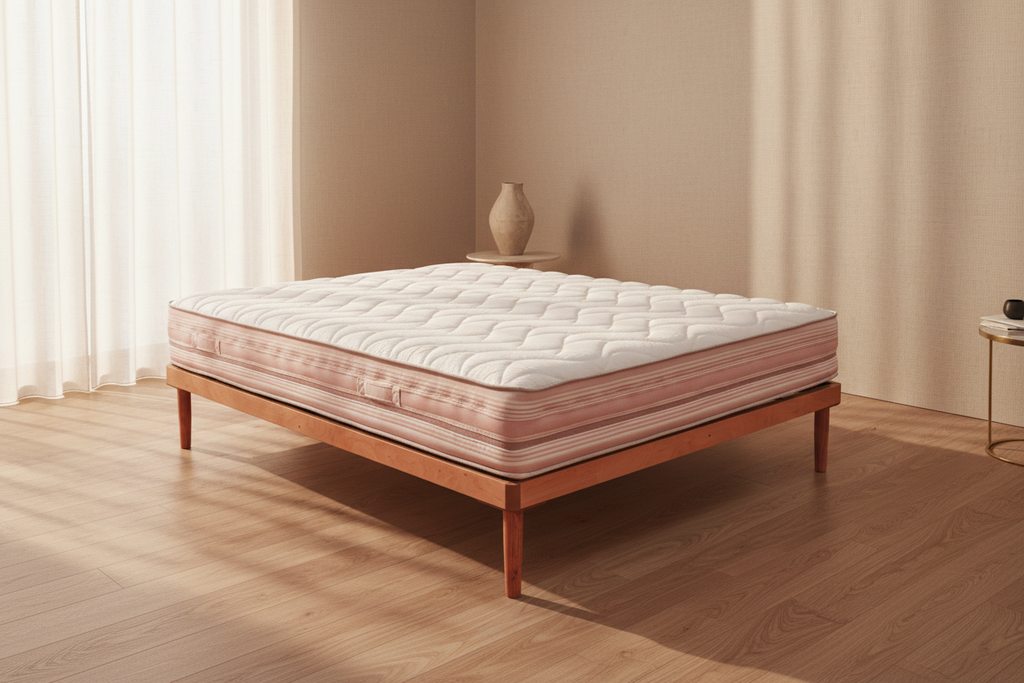 Materasso matrimoniale DORMEO in camera da letto minimalista, luce naturale calda