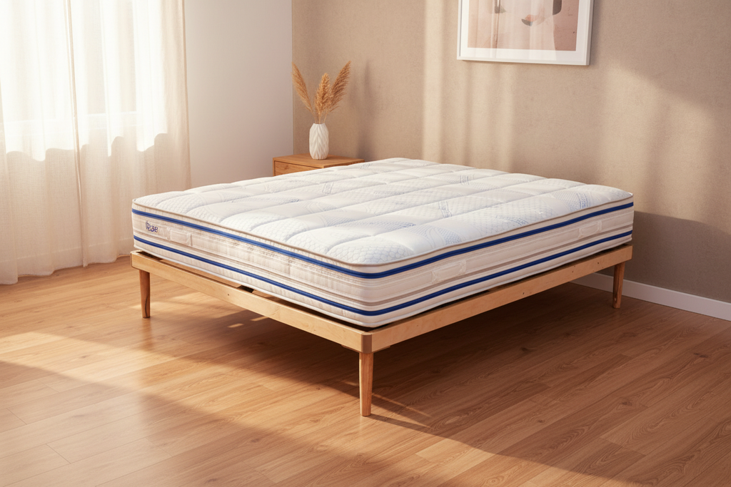 Materasso matrimoniale MOLLEXA in camera da letto minimalista, luce naturale