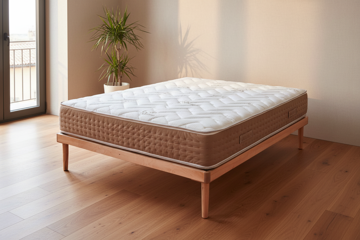 Materasso matrimoniale MORBIX in camera da letto minimalista, luce naturale calda
