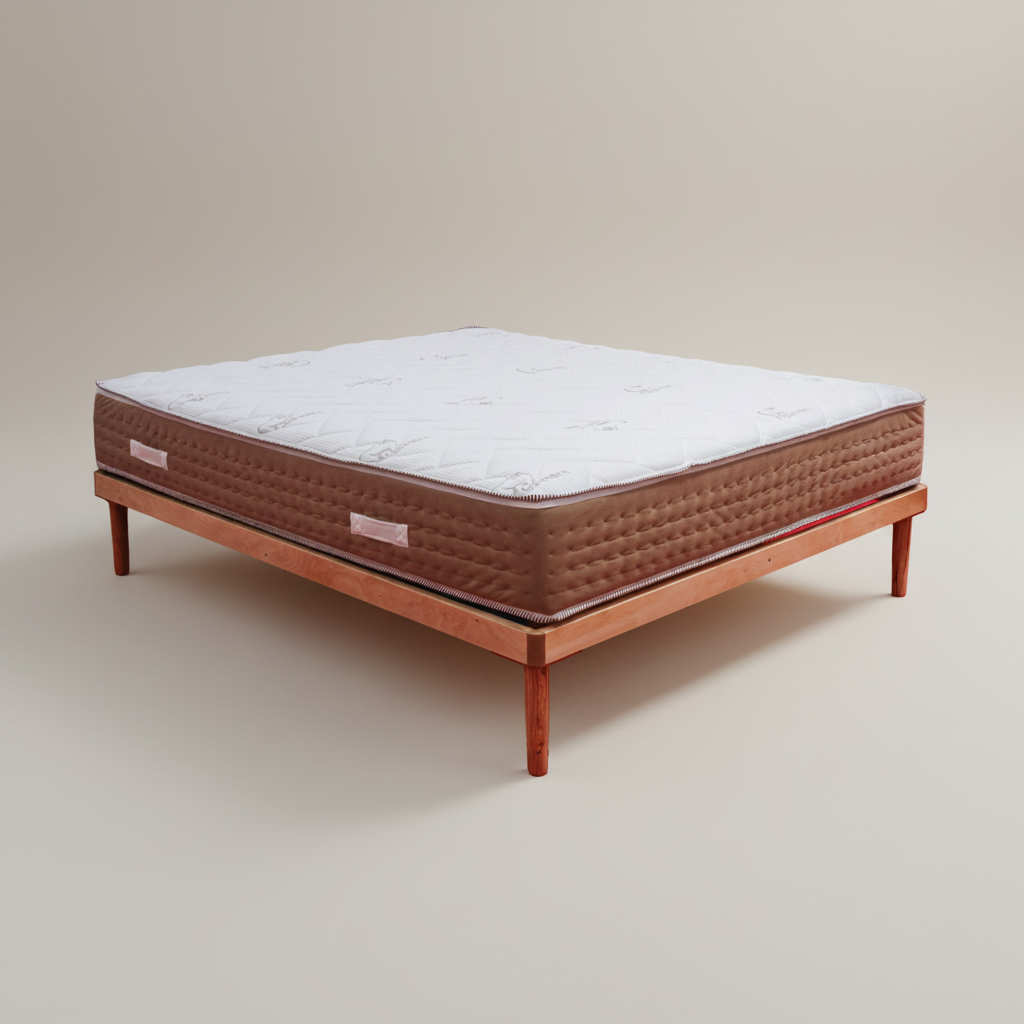 Materasso matrimoniale MORBIX su sfondo grigio caldo, rivestimento Cashmere Soft beige