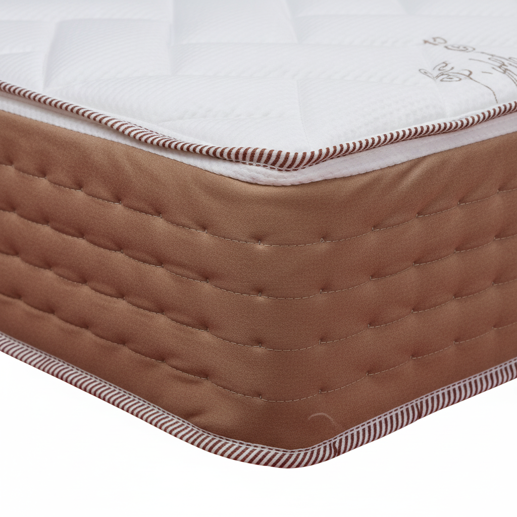 Dettaglio del rivestimento Cashmere Soft del Materasso MORBIX, tessuto trapuntato di lusso con bordo marrone e profilo rosso, Made in Italy